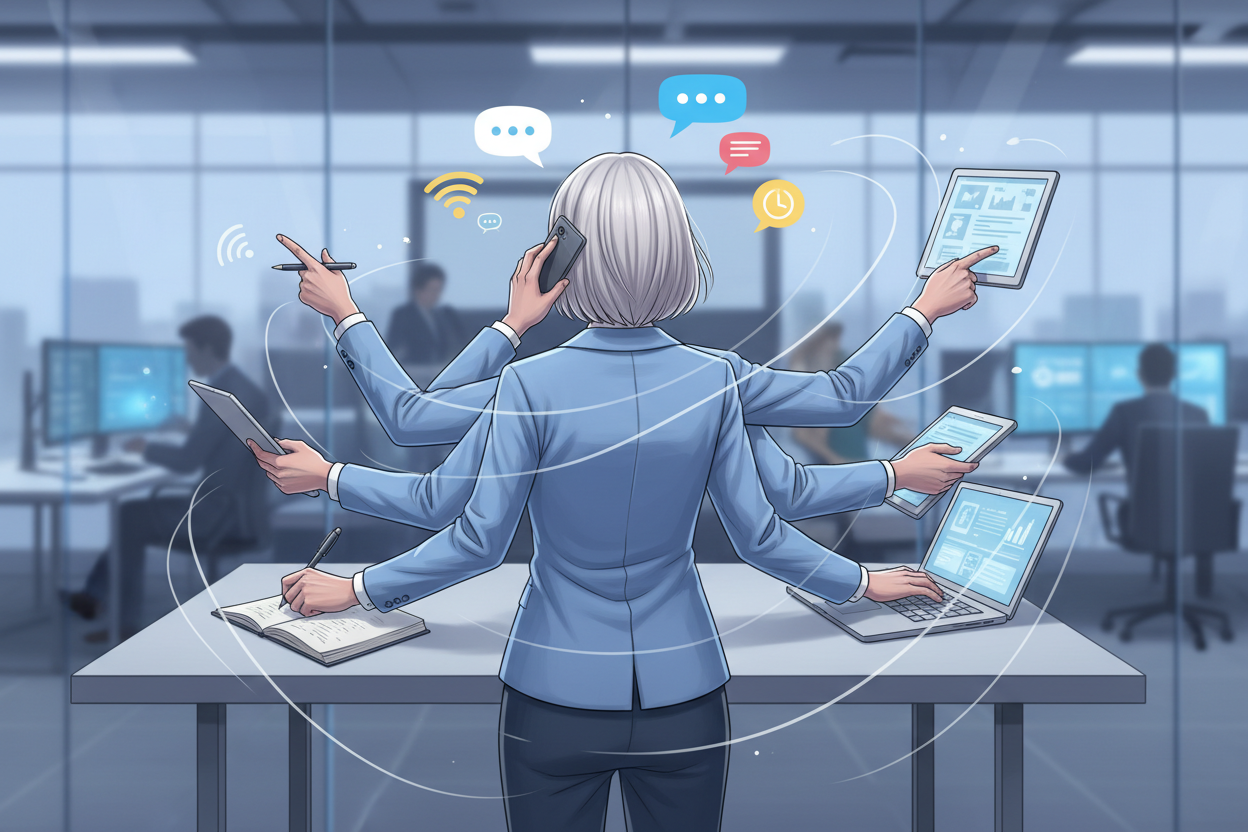 Communication - A blond (platinum bob hair) woman who you see from the back, with 6 arms, one on the phone, one writing, one typing, one pointing etc. To show how busy she is communicating around the clock.