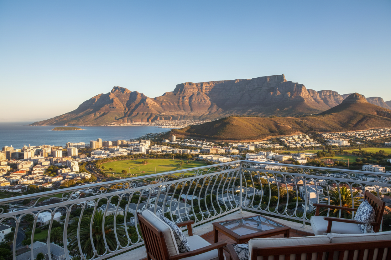 Generate a picture from a balcony overlooking table mountain in Cape Town