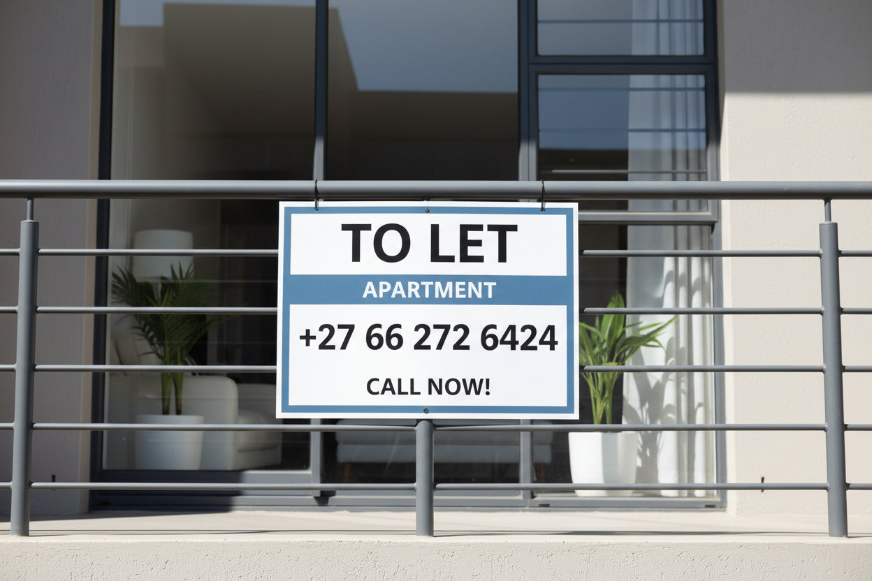 Generate a rental sign outside an apartment window (Number: +27 66 272 6424)