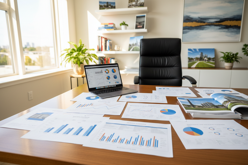 Real estate agent office with graphs on table