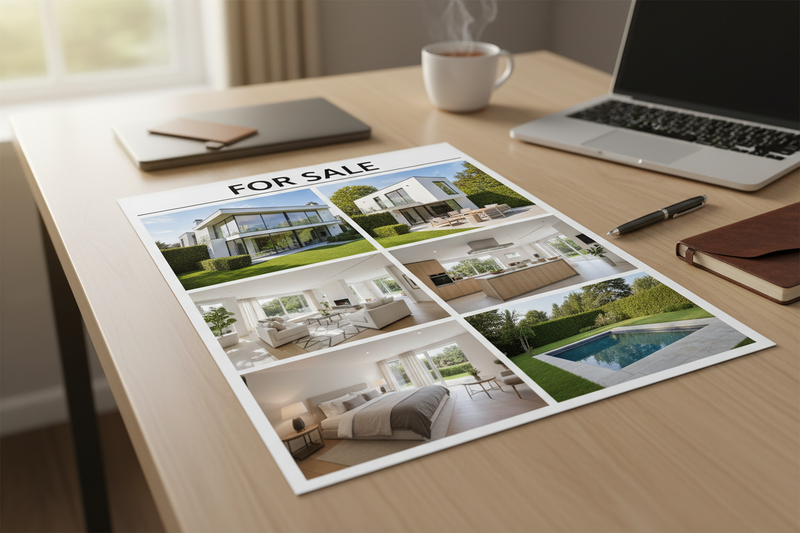 Show a desk with a featured listing that says FOR SALE (No brands) of a beautiful house with multiple images showing