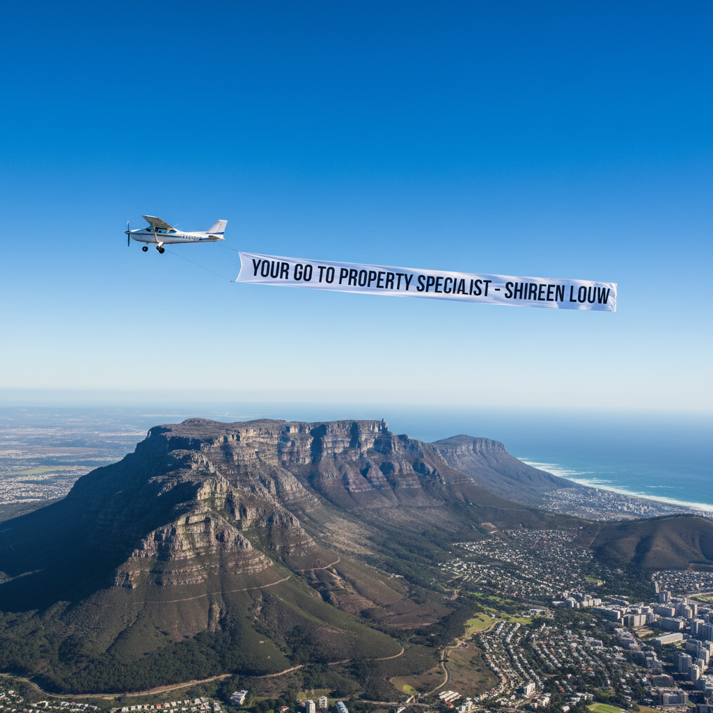 Your Go To Property Specialist - Shireen Louw (Written on a Banner pulled by an aeroplane over table mountain) Give it in instagram size image